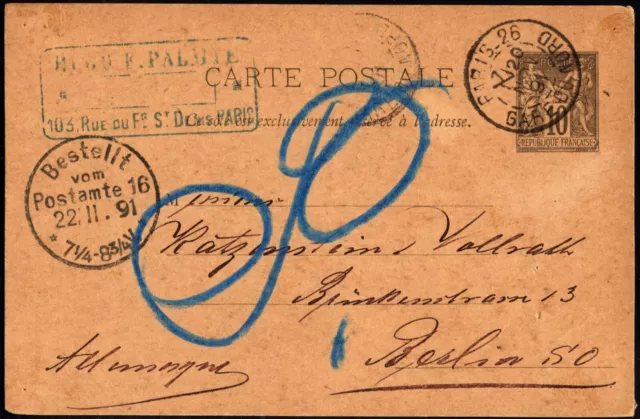 Entier postal type Sage repiqué de Paris pour Berlin du 20/11/1891