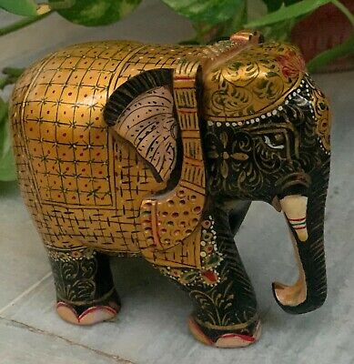 Vintage Kadam Wood Elephant Statue Painted Home Decor Art Hand Carved Figurine