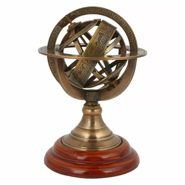 Antique Nautical Brass Sphere Armillary Collectible Wooden Base Room Decor Gift