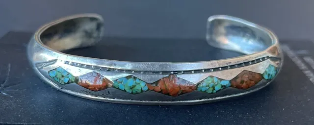 Vintage Navajo Turquoise Coral Inlay Sterling Bracelet/Cuff Signed S