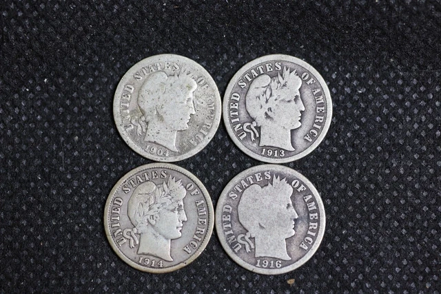 1904-P,1913-P,1914-D,1916-P Barber Dime- G/Vg