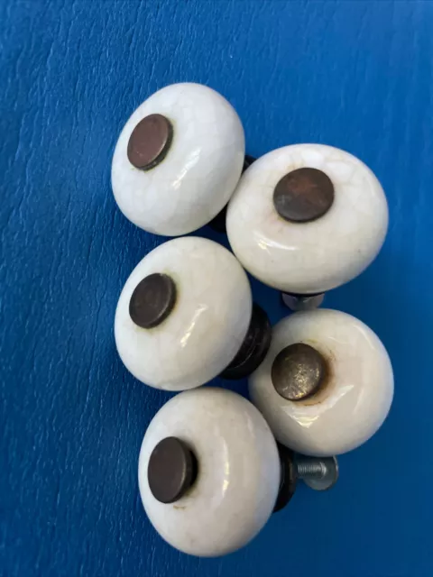 Vintage Round Ceramic Brass Dresser Drawer Furniture Knob Pull Handle Lot Of 5