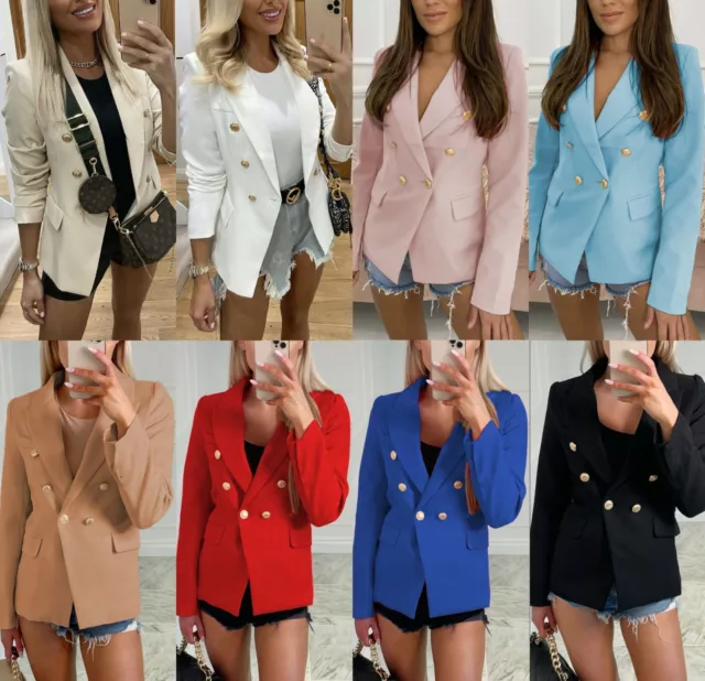 Women’s Gold Button Blazer Ladies Double Breasted Military Formal Office Jackets