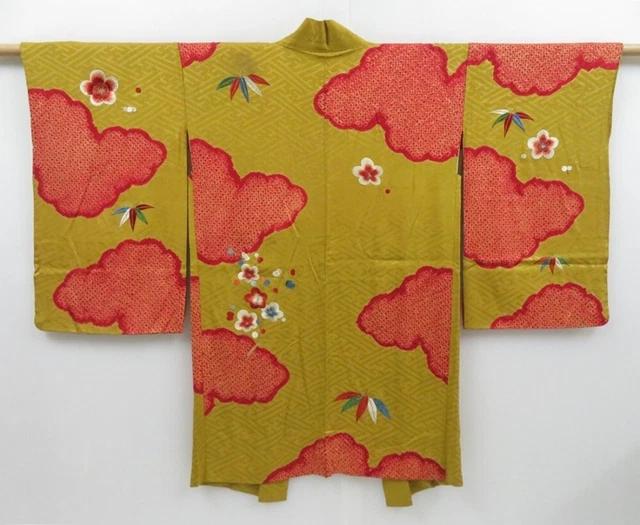 2803T08z510 Antique Japanese Kimono Silk HAORI Plum blossom Yellow ochre