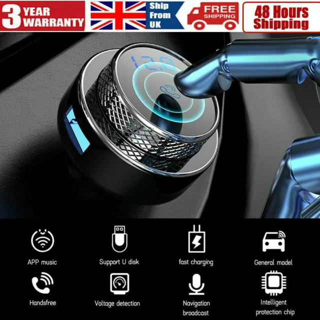 UK Bluetooth 5.0 FM Transmitter Handsfree 2*USB Charger Car Kit Radio Adapter
