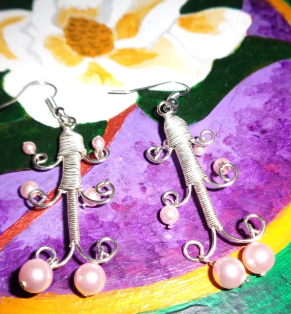 CHANDELIER HANDMADE STERLING Silver Wrapped Wire Art Earrings Pink ...