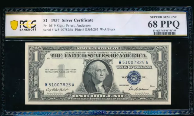 AC 1957 $1 Silver Certificate PCGS 68 PPQ SUPERB GEM+  Fr 1619 W-A block