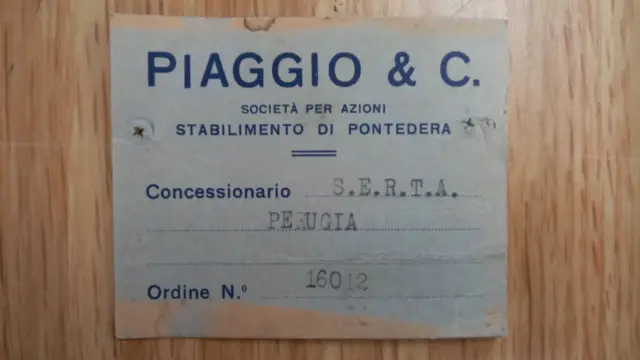 Cartellino  Piaggio Stabilimento Pontedera- 1947-Vespa Bacchetta-Faro Basso