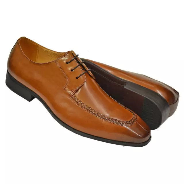 Carrucci Men's Cognac Hand Burnished Calfskin Leather Moc Toe Lace-Up Shoes