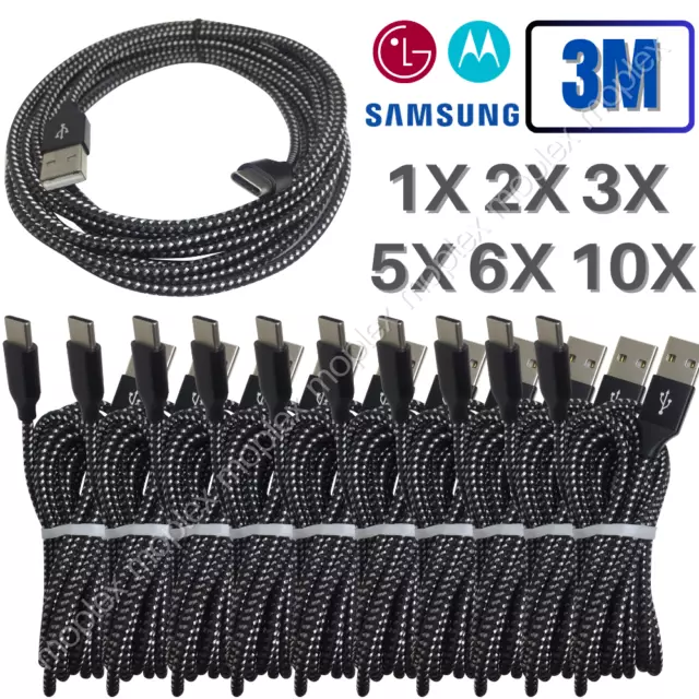 Bulk Lot Braided USB C Type-C Fast Charging Data SYNC Charger Cable Cord 3M LONG