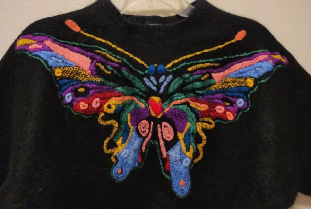 Mother Alpaca Wool Blend Butterfly Embroidered Batwing Pullover Sweater - Large 2