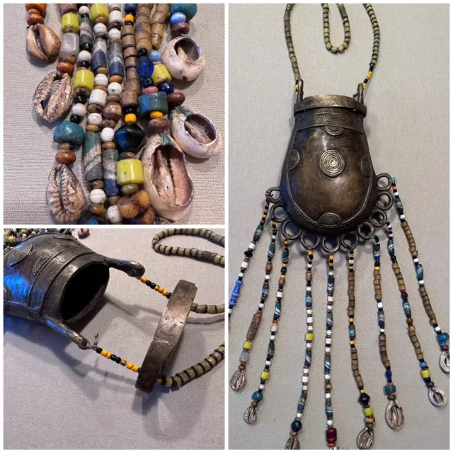 Vintage FULANI NIGERIA Water Vessel  Necklace / Brass / Beaded / Heavy / Circles