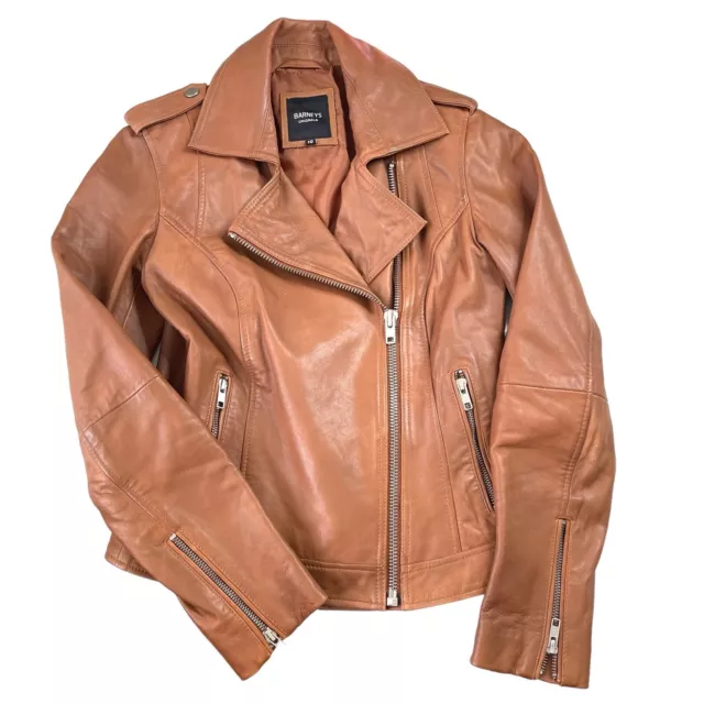 Barney's Originals Leather Cognac Brown Moto Zip Up Jacket Women's 10