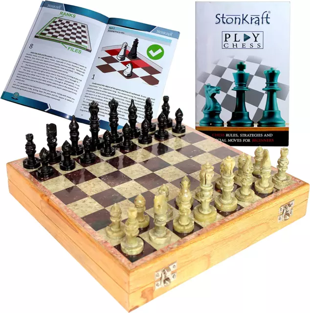 Stonkraft Chess Board with Wooden Base but with Stone Inlaid & Stone Piece Game