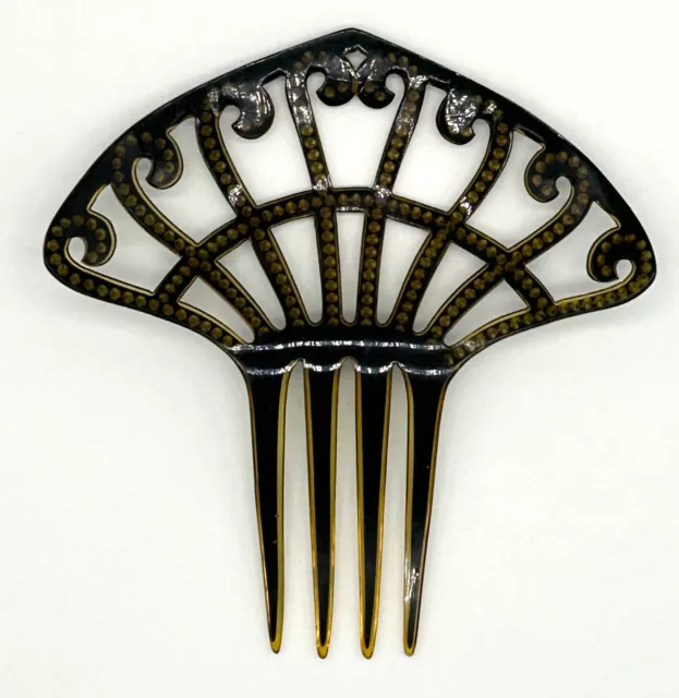Vintage Art Deco 5" Black Fan Hair Comb With Black Rhinestones