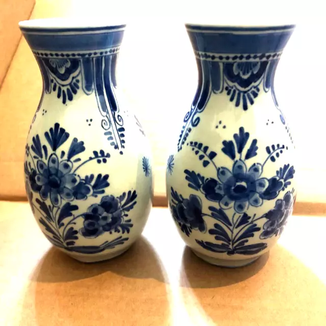 Antique Delft Matching Pair Royal Blue Ceramic Hand Painted Vases Vase Vintage