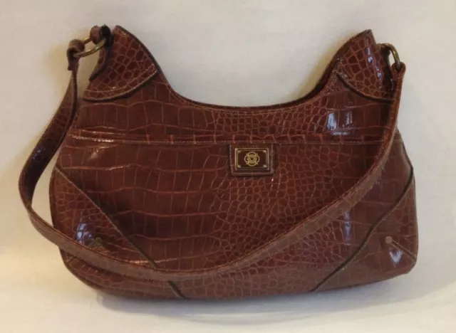Brown Faux Leather Crocodile Purse Shoulder Bag Tote Handbag Lined Brass Studs