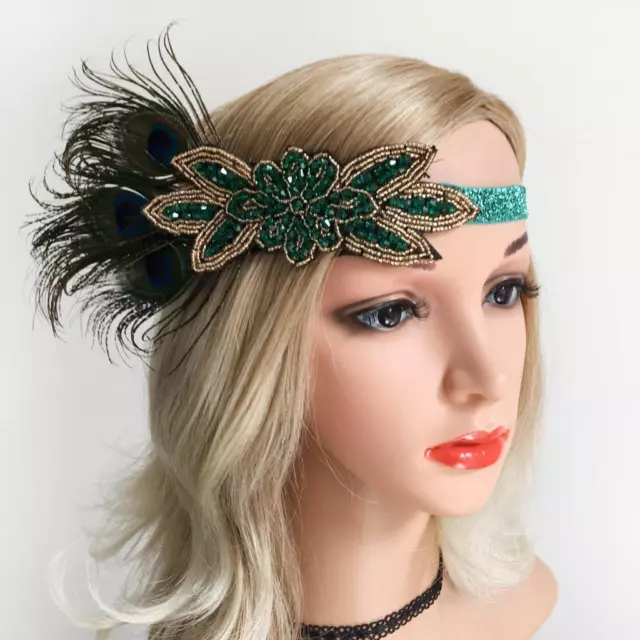 Womens Vintage Peacock Feather  Headpiece 1920s  Headband, Green