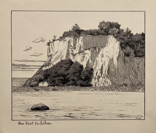 Hermann Hirzel 1864-1939 Lithography The Hövt At Göhren Reprove Cliff Baltic Sea