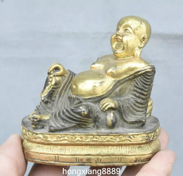 Antique Chinese Bronze Gilt Buddhism Happy Smile Laugh Maitreya Buddha Statue