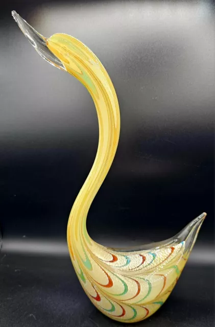 Art Glass Swan Figurine (Possibly Murano) Gold Flake Design Shiny Bottom 17"