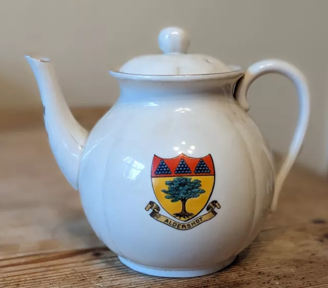 Antique Goss Crested China Teapot Aldershot Crest And Other Side Hampshire Crest
