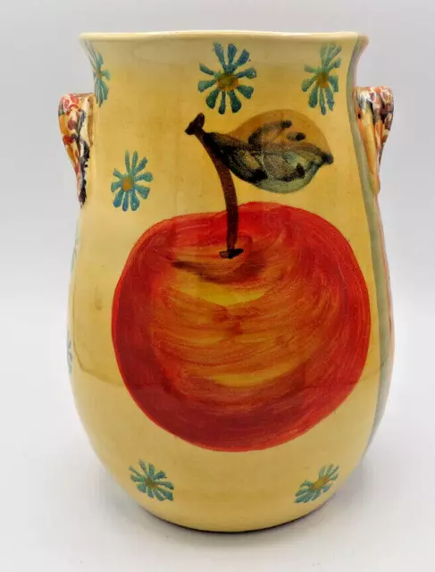 Vtg Italian Glazed Ceramic Pottery Handled Vase With Apple Leaf Hand Painted