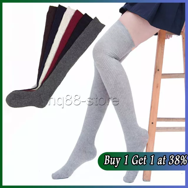 Ladies Women Strech Over The Knee Thigh High Plain Thigh High Back School Socks