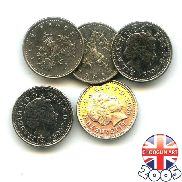 Set of (x5) BRITISH 2005 ELIZABETH II FIVE PENCE 5p coins, 19 Years Old!