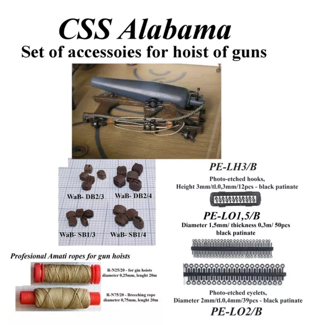 Revell CSS Alabama 1:96 - set 60x wooden blocks, hooks, eyelets, ropes for guns
