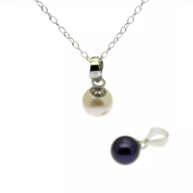 Single Pearl Pendant Necklace Sterling Silver 6mm Cultured Pearl Black or White