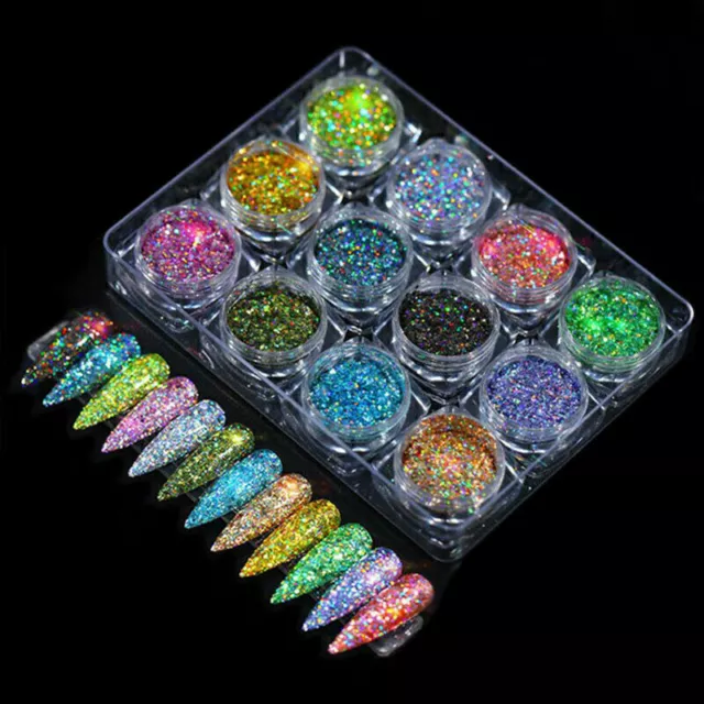 12x Holo Glitter Mix Nailart Glitzer Set Pailetten Bunt Nails Modellage Uni I5S8