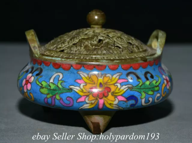 4.8" Marked Old Chinese Bronze Cloisonne Dynasty Flower 3 Leg incense burner