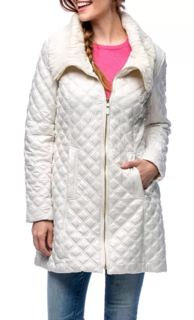 NEW Via Spiga IVORY M Diamond Quilt Zip Rib Knit Collar Walker Jacket Coat $208 3