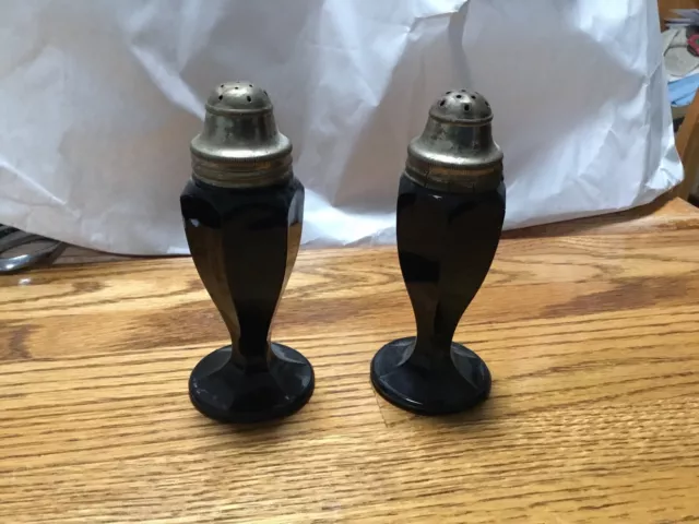 Vintage Black Glass Salt And Pepper Shakers