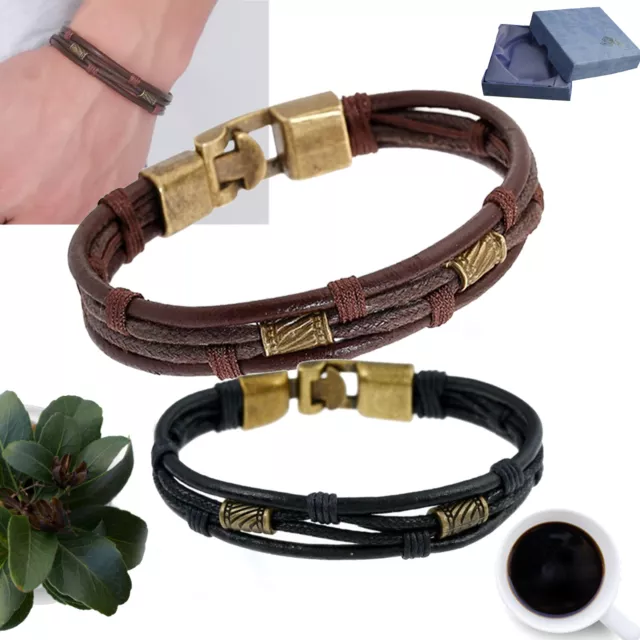 Mens Boys Genuine Leather Bracelet Braided Surfer Wristband Bangle Wrap Gift Box