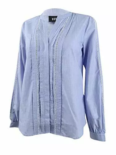 DKNY Womens Pleated Ladder-Trim Shirt Oxford