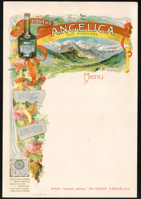 Menu. Liqueur Angélica des Pyrénées. Vers 1930. T. Sala. 19,5 cm x 28,5 cm