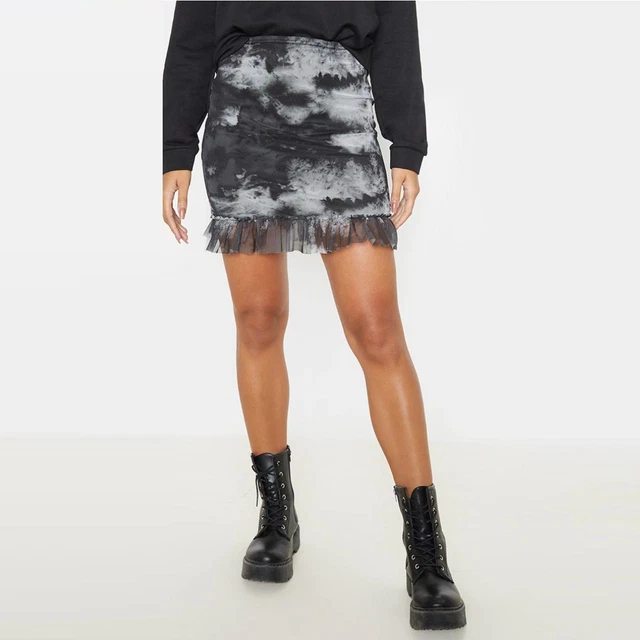 Ex Placcato womens Rete Nera Cravatta Tintura Fronzoli Orlo Mini Gonna Estate
