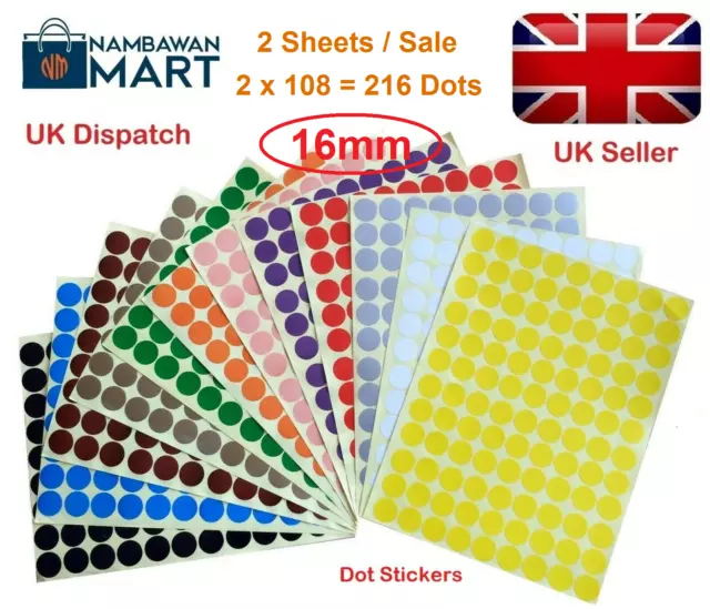 216 x 16mm Dot Stickers Sticky Adhesive Spot Round Circle Paper Label UK DS16-2