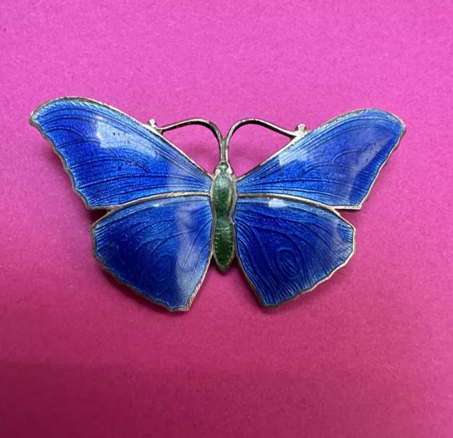 Vintage Antique Hallmarked Sterling Silver & Blue Enamel Butterfly Brooch Pin