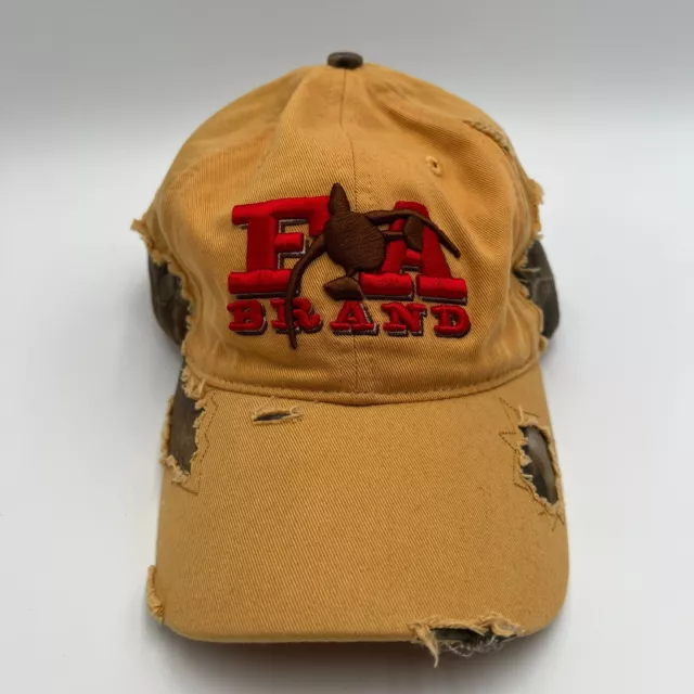 FA Brand Baseball Hat Cap Strap Back Metal Buckle Yellow Camo Distressed Used