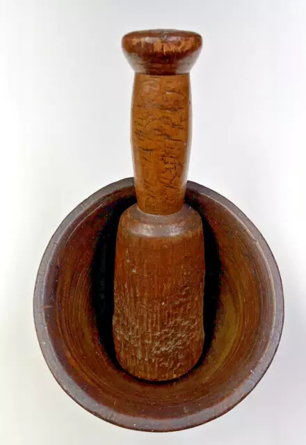 Antique Wooden Mortar And Pestle 19th C 7” Tall