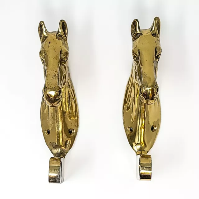 Vintage Pair Of Cast Polished Brass Horse Brackets For Towel Rod