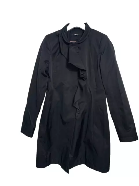 DKNY Black Trench Coat with Snaps and Ruffle Front Size S red lining