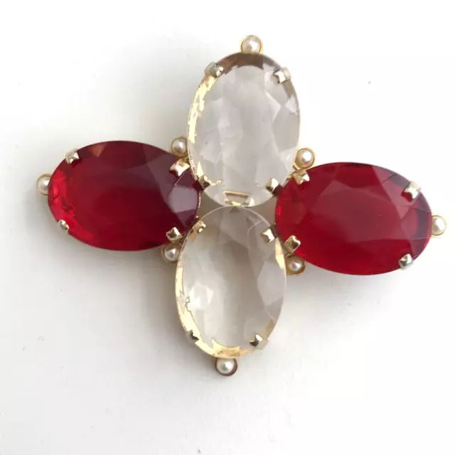 Vintage Imitation Pearl Ruby Red Clear Acrylic Rhinestone Gold Tone Brooch Pin