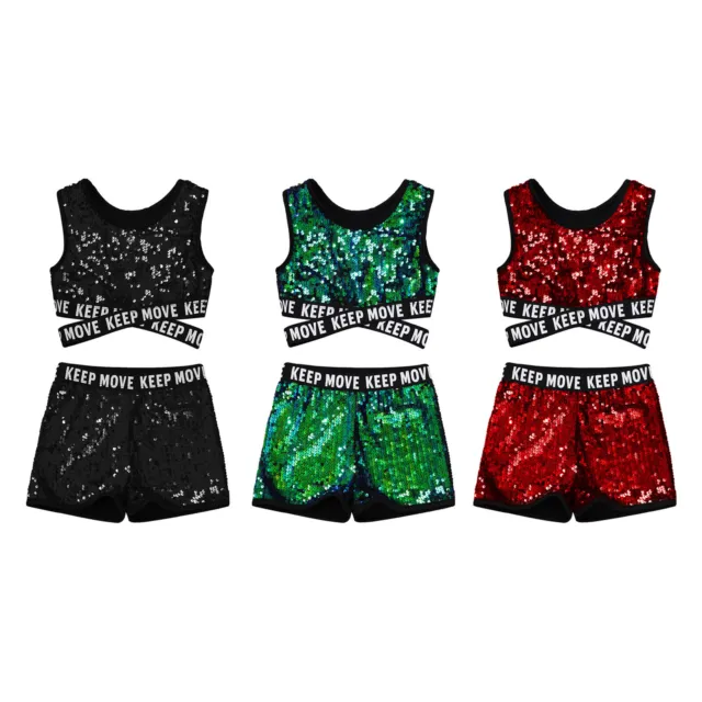 UK Kids Girls 2-Pieces Shiny Sequins Dance Costumes Crop Tops and Shorts Sports