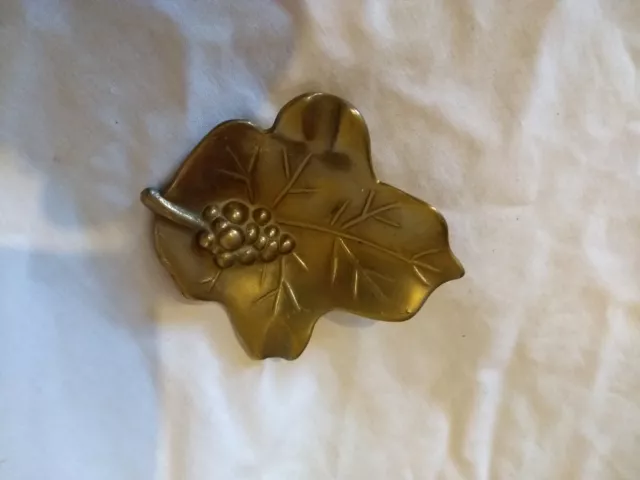 Small SOLID BRASS Pin Dish with LEAF GRAPES Art Nouveau TRAY Vintage ANTIQUE