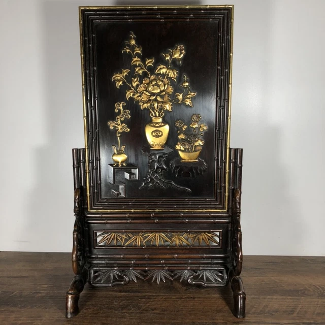 Chinese Exquisite Handmade Flowers Gilt Bronze Statue Screen