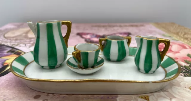 *Rare*Antique Goebel Hummel Germany Mini Porcelain Tea Set 1935 Green Stripes